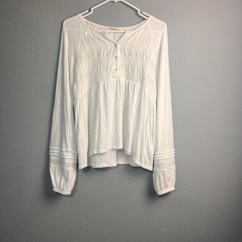 Rewind White Smocked‎ Henley Top L/SL Cottagecore Lace Crochet Boho Medium